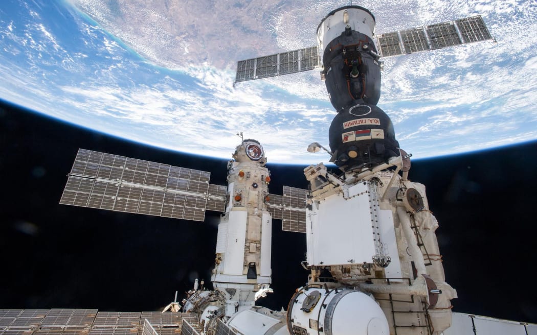 Russia's "Nauka" Multipurpose Laboratory Module is pictured shortly after docking to the Zvezda service module's Earth-facing port on the International Space Station.