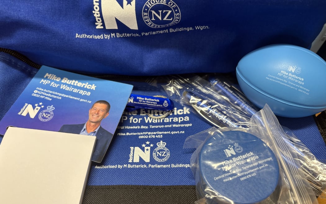 Wairarapa MP Mike Butterick has visited most schools across the district delivering tote bags, pens and notebooks, stress balls, lunchboxes and mints all emblazoned with the National Party logo.