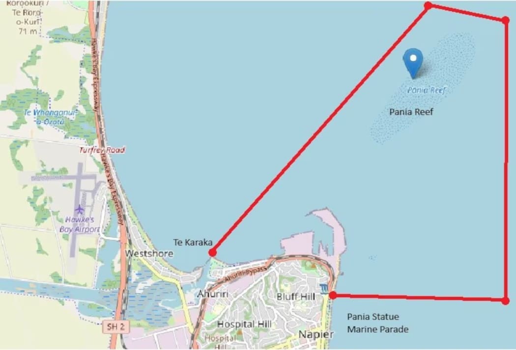 The indicator marks where the boat capsized over Pania Reef last October. The red-bordered area marks a rahui placed over the area by iwi in the following days. Photo / NZ Police