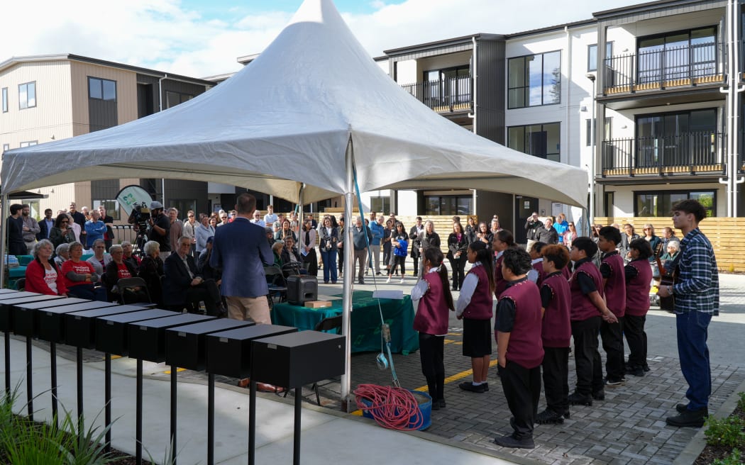 Scene from Thursday’s opening of Kainga Ora’s Kauika Rd complex in Whangārei, the biggest state housing project to date in regional New Zealand.