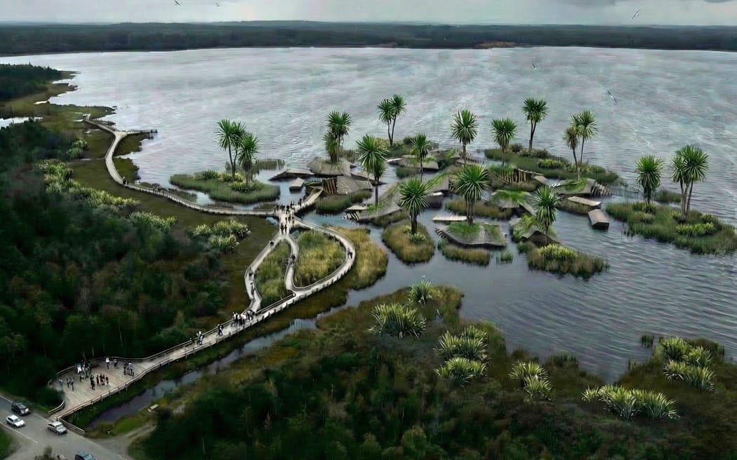 Artist’s impression of the motu tātari, or “filtering islands” to be built around the lake exit. Image: Derek Kawiti, Victoria University of Wellington School of Architecture
