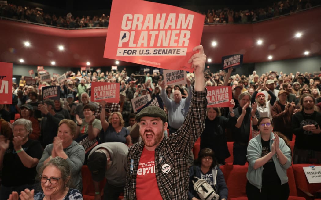 ORONO, MAINE - MAY 24: People attend the “Fighting Oligarchy” tour stop where Democratic U.S. Senate candidate Graham Platner and Sen. Bernie Sanders (I-VT) spoke at the Collins Center for the Arts on the University of Maine campus on May 24, 2026 in Orono, Maine. Platner is the presumptive Democratic nominee and will face incumbent Sen. Susan Collins (R-ME) for Maine's U.S. Senate seat in the general election.   Joe Raedle/Getty Images/AFP (Photo by JOE RAEDLE / GETTY IMAGES NORTH AMERICA / Getty Images via AFP)