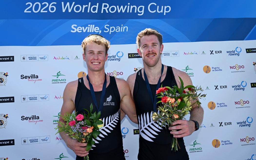 Oli Welch (L) and Ben Taylor (R) celebrate their title in the Men's Pair at the World Cup rowing regatta at Seville, Spain on 1 June, 2026.