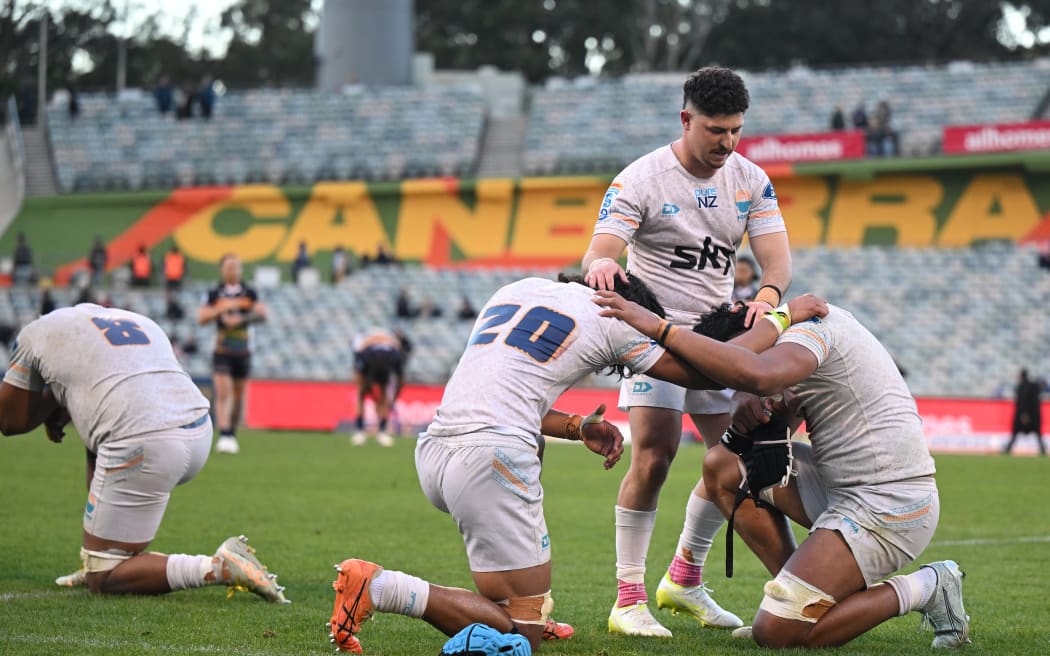 Moana Pazifika players react after winning the Super Rugby Pacific Round 16 match between the ACT Brumbies and Moana Pasifika at GIO Stadium in Canberra, Saturday, May 30, 2026. (AAP Image/Lukas Coch/ Photosport)