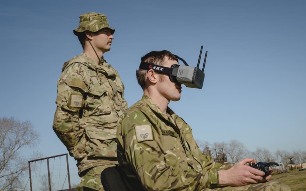 NZ Army soldiers testing drone technology, including using first person viewing, at Burnham Military Camp in August 2025.