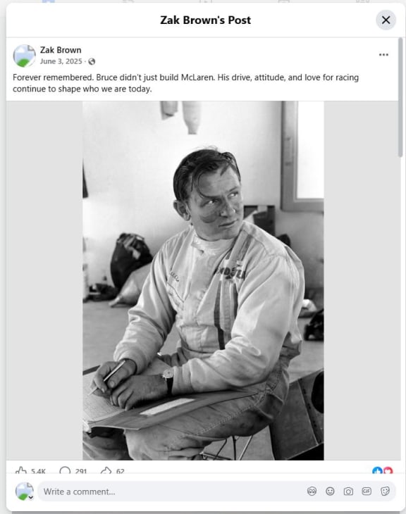 Facebook post by Zak Brown on Bruce McLaren