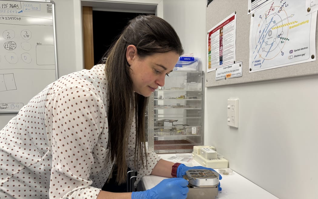 Jenni is bend over a bench, wearing blue lab gloves she's putting a small disc into a sample holder. Behind her is a rack of samples.