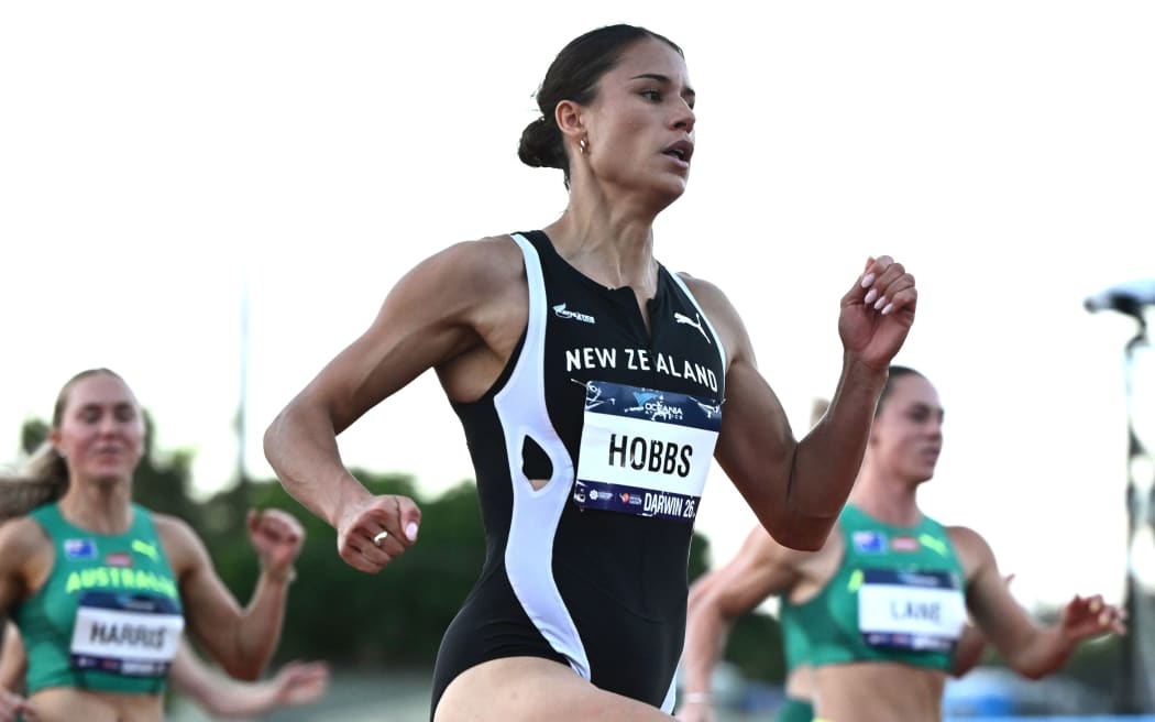 Zoe Hobbs of New Zealand wins the Women's 100m Final at the 2026 Oceania Athletics Championships in Darwin.
