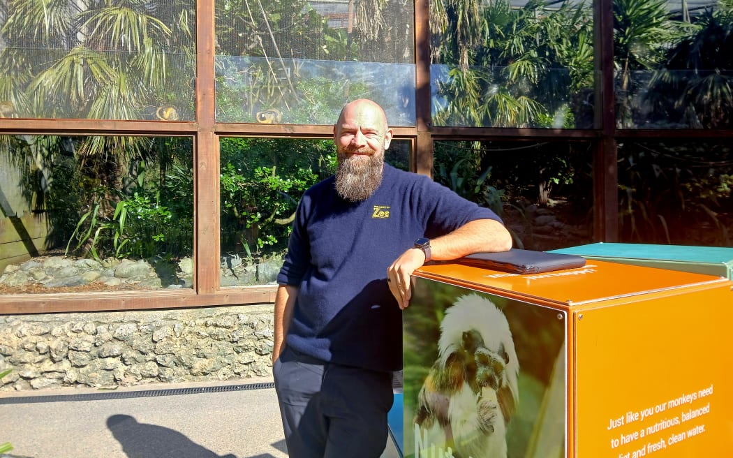 Chris is standing outdoors leaning on an orange display box with a monkey image, in front of a glass-panelled enclosure filled with lush tropical plants and palm trees. He is wearing a dark top with a small “Wellington Zoo” logo.