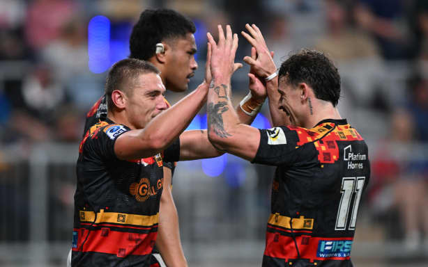 Cortez Ratima of the Chiefs celebrates his try with Daniel Sinkinson of the Chiefs, Chiefs v Fijian Drua, round 11 Super Round of the 2026 Super Rugby Pacific competition at One New Zealand Stadium, Christchurch.
