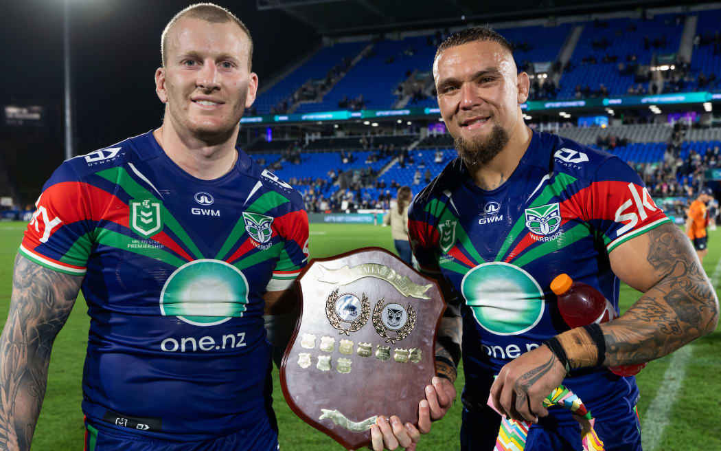 Warriors Mitchell Barnett and James Fisher-Harris with the Zae Wallace Shield after their win against the Titan in the NRL Telstra Premiership match between the One NZ Warriors v Gold Coast Titans at Go Media Stadium, Auckland, New Zealand. Saturday 18 April 2026 Photo: Brett Phibbs / www.photosport.nz