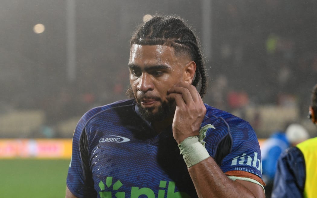 A dejected Hoskins Sotutu of the Blues after losing the Super Rugby Pacific - Crusaders v Blues at Apollo Projects Stadium, Christchurch.