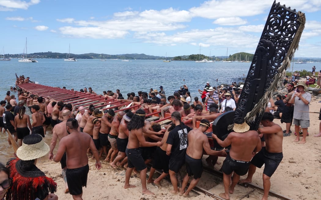 The Treaty Grounds are home to the great waka Ngātokimatawhaorua, seen here during Waitangi Day commemorations in 2025.