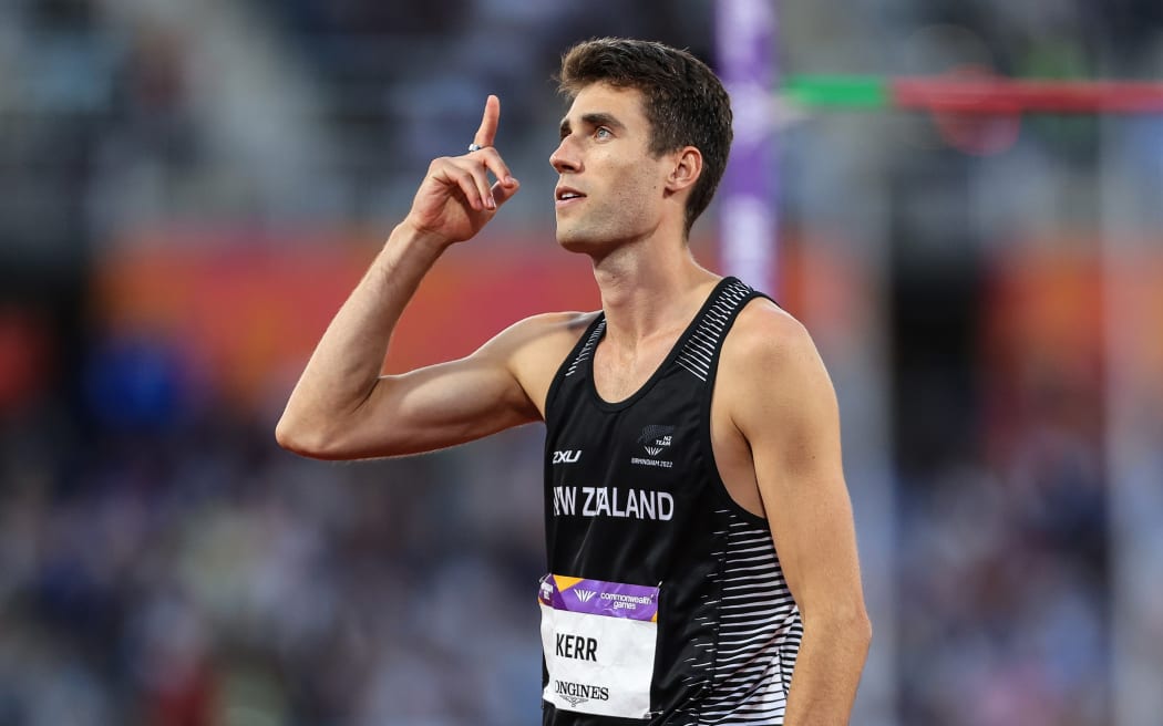 Hamish Kerr of New Zealand celebrates winning the Gold in the Men's High Jump, Birmingham 2022 Commonwealth Games.