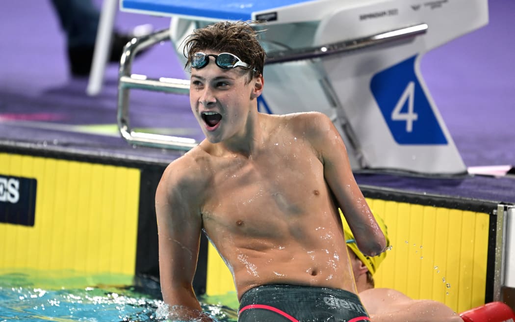 New Zealand swimmer Joshua Willmer reacts after winning the Men's 100m Breaststroke SB8 Swimming Final during the XXII Commonwealth Games at the Sandwell Aquatics Centre in Birmingham,.