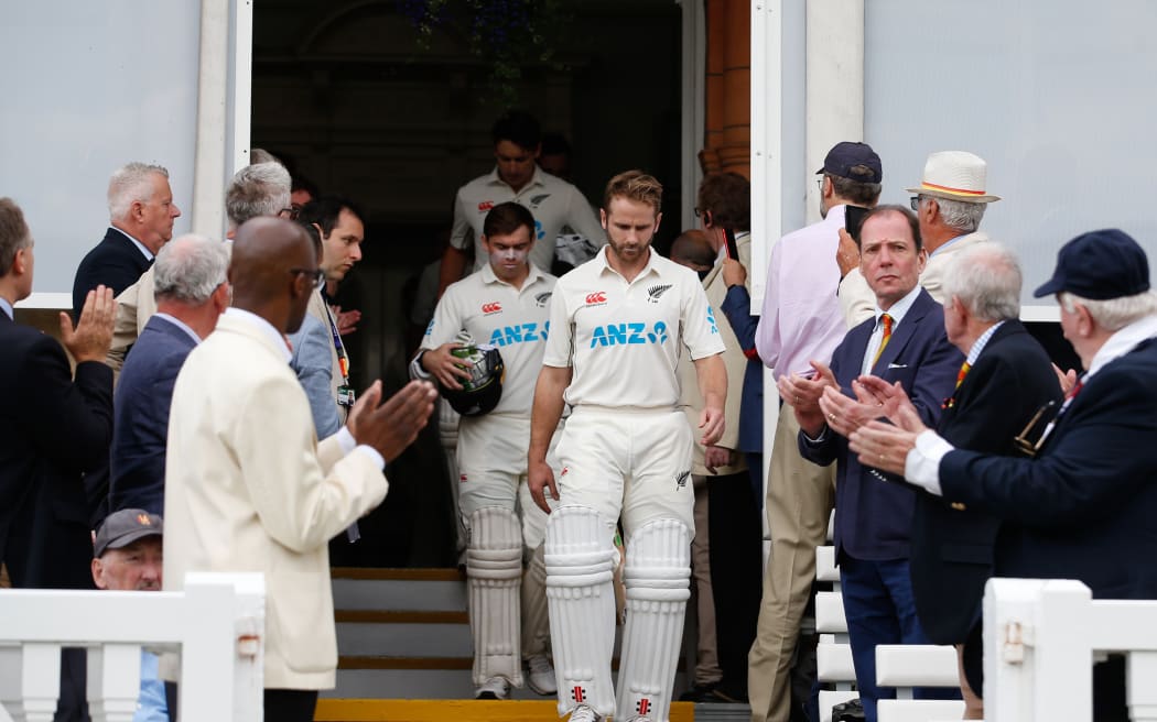 Kane Williamson the New Zealand Blackcaps captain leads out his team to the pre match ceremony, Lord’s Cricket Ground, 2022.