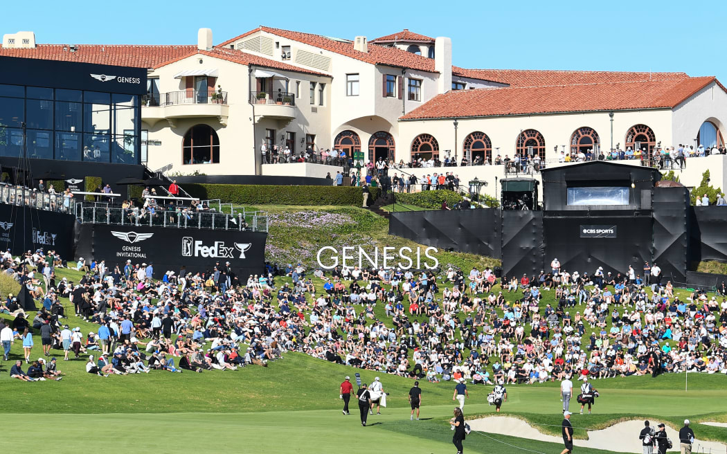 A view of the 18th hole during the 2022 Genesis Invitational at Riviera Country Club in Pacific Palisades, CA.