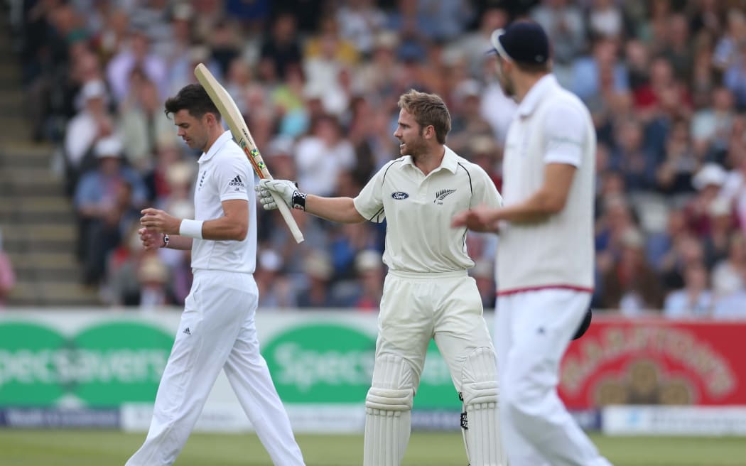 Kane Williamson celebrates his century during the first Test Match against England at Lord's Cricket Ground, 2015.