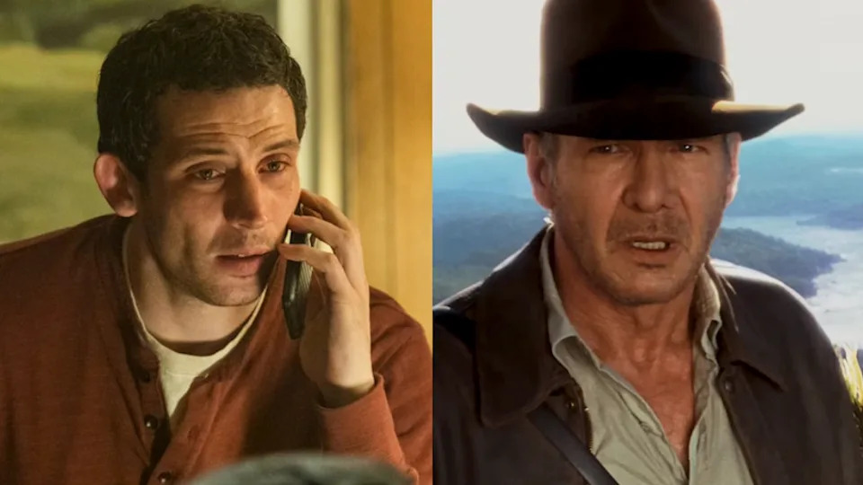 Josh O'Connor on the phone in Disclosure Day and Harrison Ford looking shocked in Indiana Jones and the Kingdom of the Crystal Skull.
