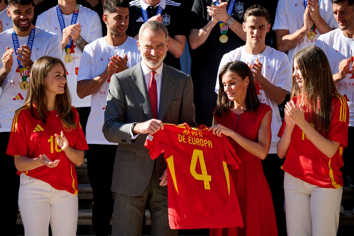King Felipe VI of Spain, Queen Letizia of Spain, Crown Princess Leonor of Spain and Princess Sofia of Spain at the UEFA EURO Cups on July 15, 2024 in Madrid, Spain