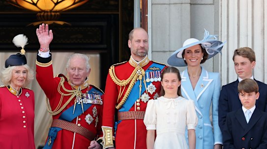 The Royal Family gather on the balcony of Buckingham Palace to watch an RAF flypast during Trooping the Colour.