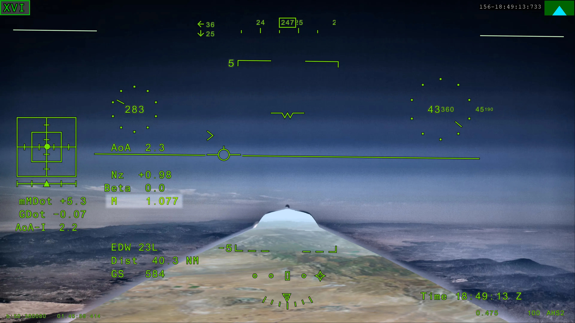A view from inside the X-59 jet with an overlay on a landscape