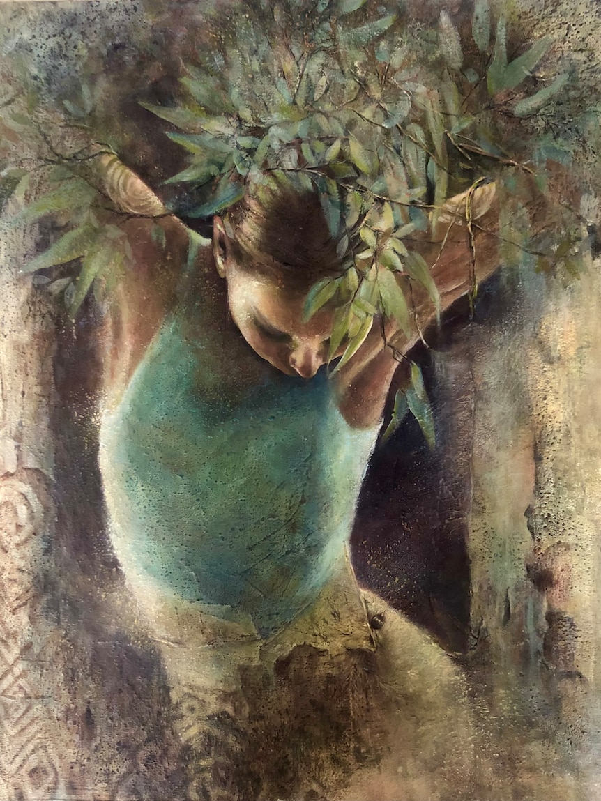 A painting of a young woman, with arms raised, looking down, with leaves wrapping around her head and arms.