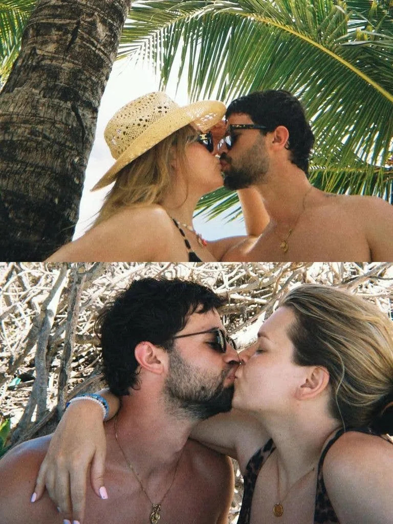 Camille Goetlieb kisses a bearded man on vacation in Mauritius