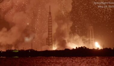 This still image from a Spaceflight Now video shows the aftermath of a massive explosion and fireball after an anomaly with Blue Origin's NG-4 New Glenn rocket booster on May, 28, 2026.