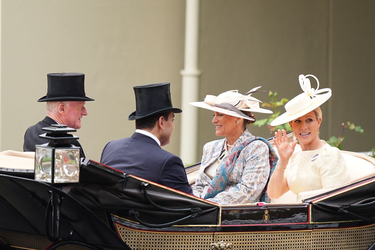 Princess Zahra Aga Khan, Sheikh Hamad bin Abudallah- al-Thani, Willie Mullins (left) and Zara Tindall (right) arrive by carriage on day three of Royal Ascot 