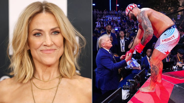 Sheryl Crow slammed President Donald Trump, seen speaking to MMA fighter Josh Hokit at the UFC Freedom 250 event.