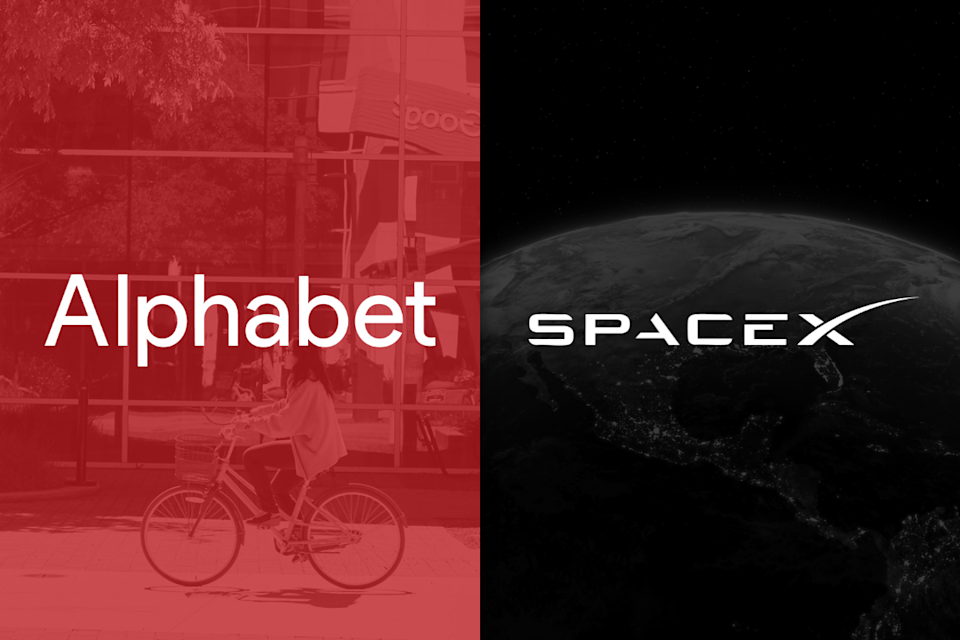 The Alphabet and SpaceX logos on a red and black backdrops.