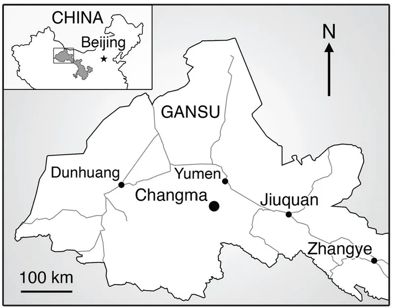 Location of the type locality of Jian changmaensis, gen. et sp. nov., in the Changma Basin of northwestern Gansu Province, China. (CREDIT: Annals of Carnegie Museum)