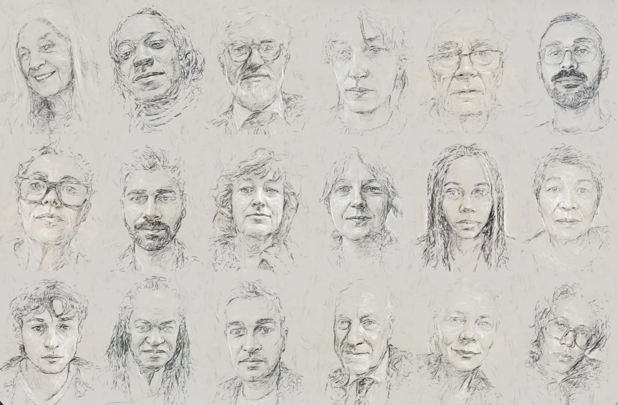 A grid composition of eighteen distinct, hand-drawn portraits depicting a diverse group of individuals rendered in detailed line work against a light background.