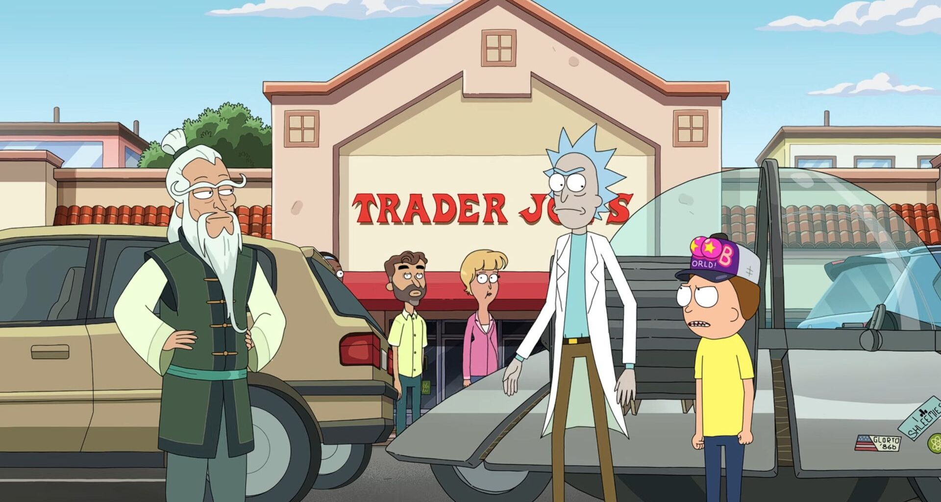 An old man and a boy outside their spaceship talking to a kung-fu master in a Trader Joe's carpark.