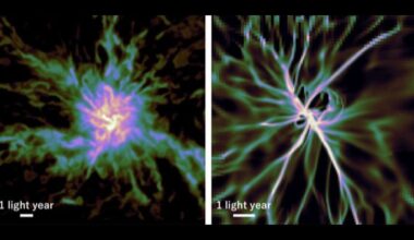 On the left, a purple fuzzy center of an object is surrounded by lightning-bolt-like streaks all around. On the right, the same image is refined and looks like spokes in a wheel.
