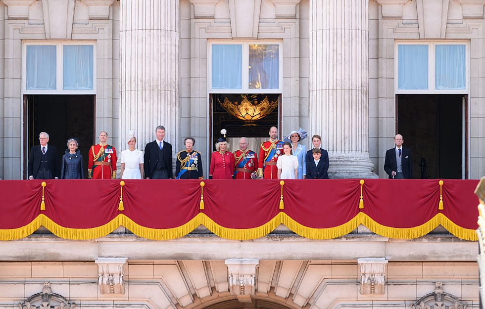 london, england june 13: (l r) prince richard, duke of gloucester, birgitte, duchess of gloucester, prince edward, duke of edinburgh, sophie, duchess of edinburgh, vice admiral sir timothy laurence, princess anne, princess royal, queen camilla, king charles iii, prince william, prince of wales, princess charlotte of wales, catherine, princess of wales, prince george of wales, prince louis of wales and prince edward, duke of kent watch an raf flypast from the balcony of buckingham palace during trooping the colour on june 13, 2026 in london, england. trooping the colour is a ceremonial parade celebrating the official birthday of the british monarch. the event features over 1400 soldiers of the household division and kings troop royal horse artillery, including over 400 musicians from the massed bands. (photo by karwai tang/wireimage)