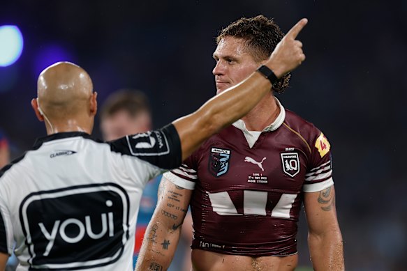 Klein sends off Queensland fullback Kalyn Ponga in the first State of Origin match last month.