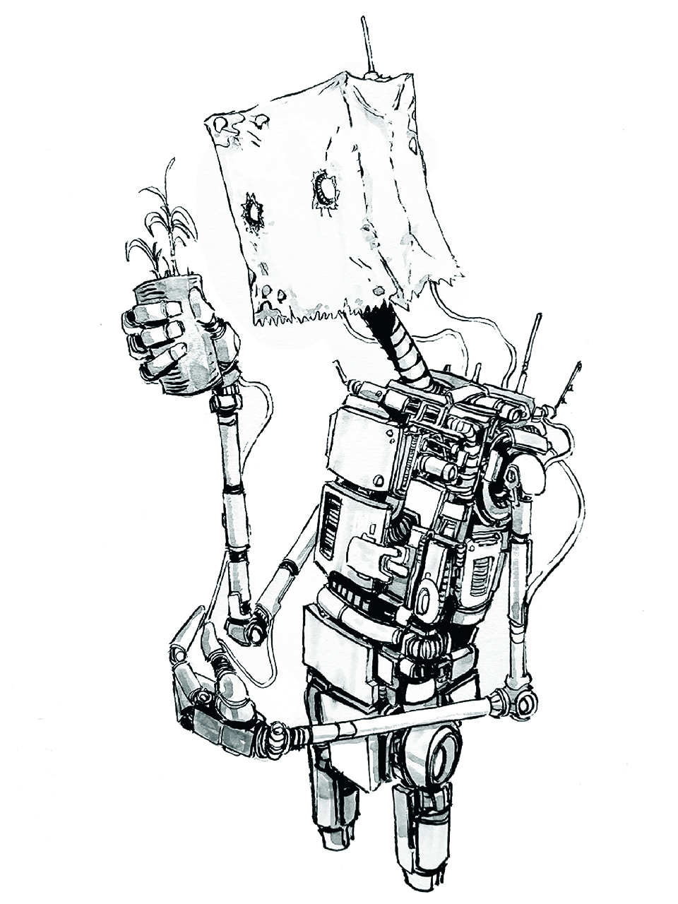 Black-and-white ink drawing of a robot character design