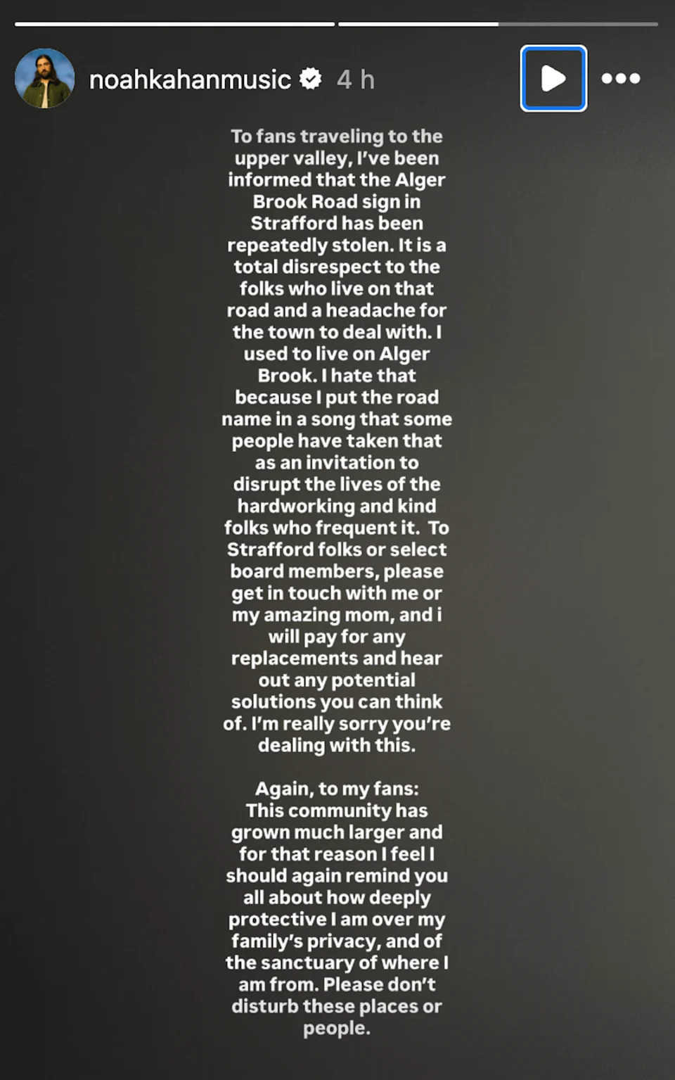 Noah Kahan asked fans to avoid 'disrupting' the places and people mentioned in his music (noahkahanmusic/Instagram)