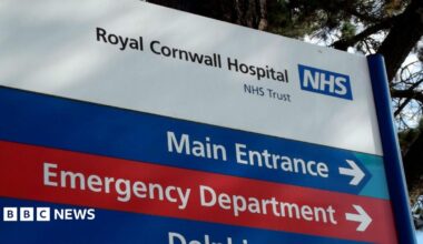 A sign for the Royal Cornwall Hospitals Trust in Truro.