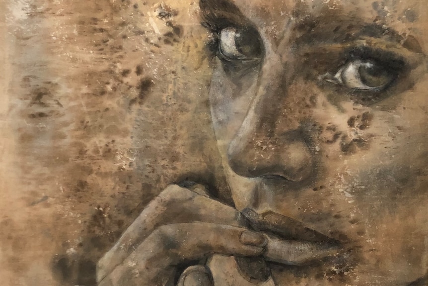An emotive painting of a woman's face, showing her eyes, nose and mouth.