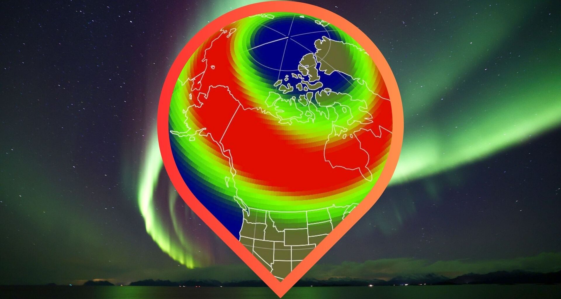 image showing an aurora viewline image of the US and in the background is a stunning aurora photo with ribbons of green light lighting up the sky.