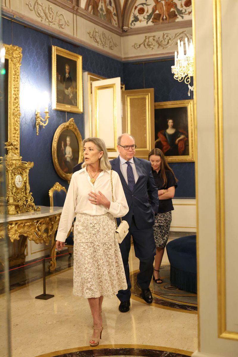 Princess Caroline of Monaco visits the Le Mariage du Siècle. Monaco, 12-19 avril 1956 exhibition at Monaco's Prince's Palace, celebrating the 70th anniversary of Grace Kelly and Prince Rainier III's royal wedding.