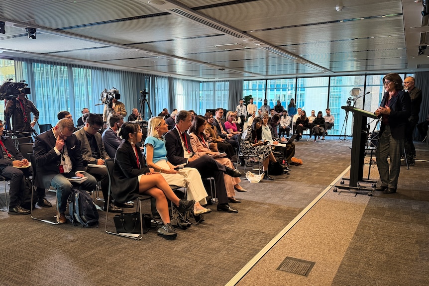 A woman stands at a lectern and speaks to journalists in chairs in a room with floor-to-ceiling windows.