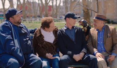 Triumph the Insult Comic Dog yapped at his host (center) to kick off the second season of Park Bench With Steve Buscemi, with (from left) Geo Orlando, Steve’s brother Michael Buscemi and Anthony Laciura.