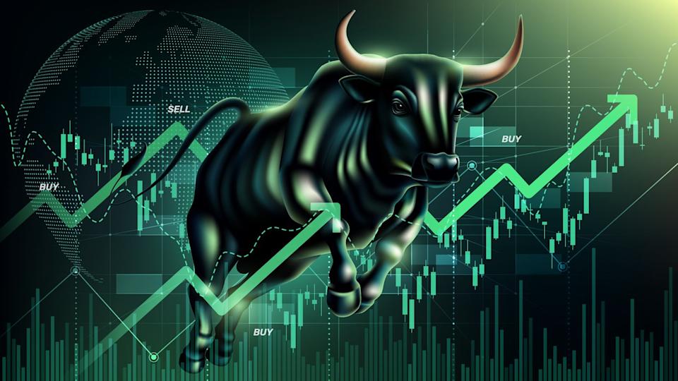 A green stock chart with a bull in the background.