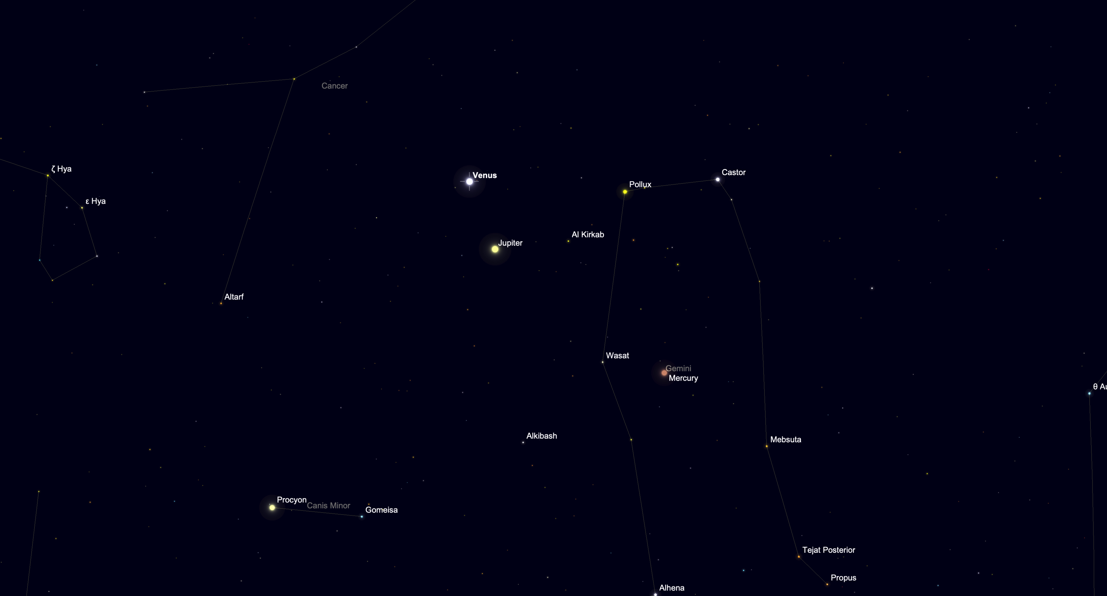 night sky graphic showing the planets Mercury, Venus and Jupiter shining close together in a line, forming a mini planet parade.