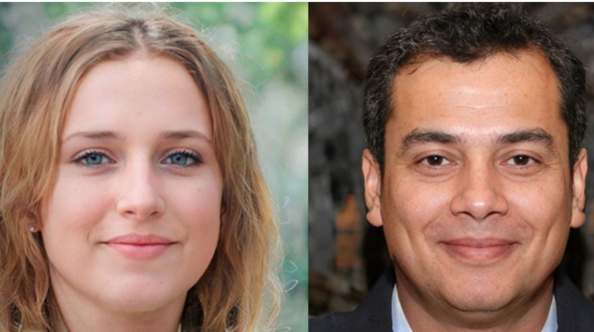 Side-by-side portraits of a young woman with light hair and blue eyes on the left, and a middle-aged man with short dark hair and a medium complexion on the right, both smiling at the camera.