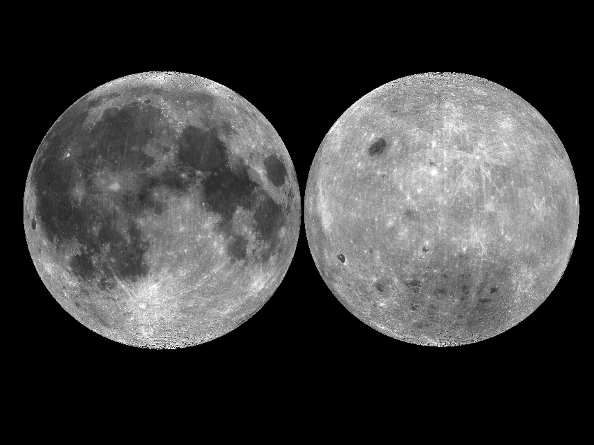 Side-by-side grayscale comparison of the Moon's two hemispheres. The left image shows the familiar near side of the Moon, featuring large dark volcanic plains called maria that give it a distinctive mottled appearance. The right image shows the far side of the Moon, which lacks significant maria and instead appears more uniformly cratered and bright, with prominent crater ray systems radiating outward from impact sites.